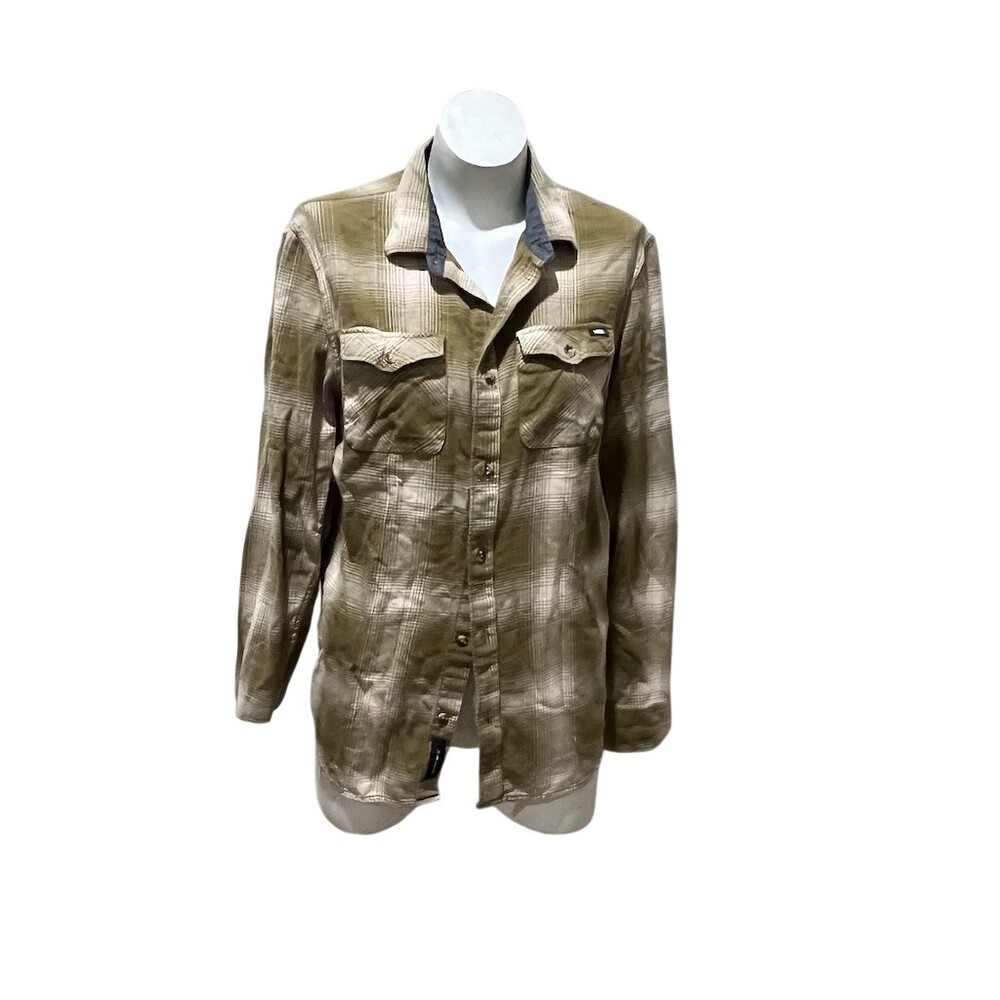 Vans Mens Plaid Button-Up Shirt Jacket Shacket Tan Long Sleeve Size L